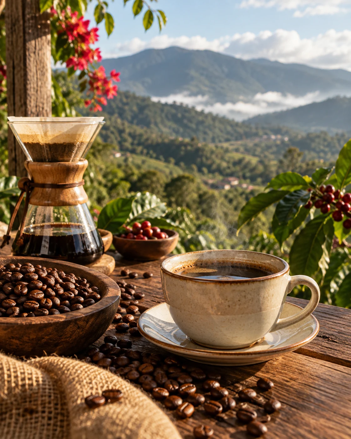 Café con vista a las verdes montañas de Jarabacoa